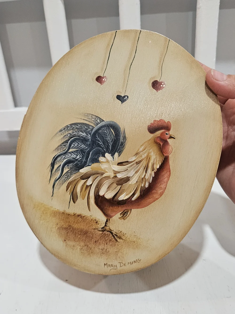 Vintage Handpainted Rooster Cloth Wrapped Storage Box, Signed Mary Deming